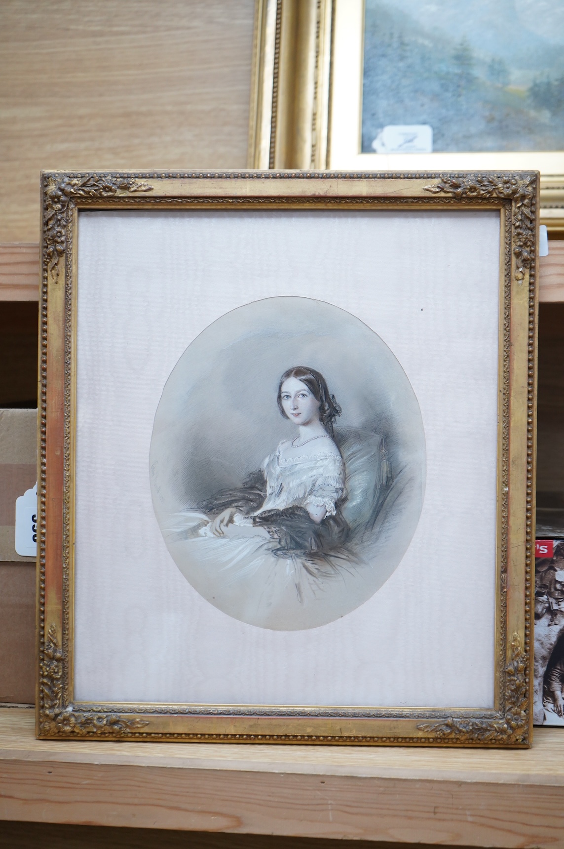 Mid 19th century, Portrait of a seated lady, indistinctly signed Edmund ...? and dated 1858, together with a similar pencil study, indistinctly monogrammed and dated 1898, watercolour heightened with white, oval, largest